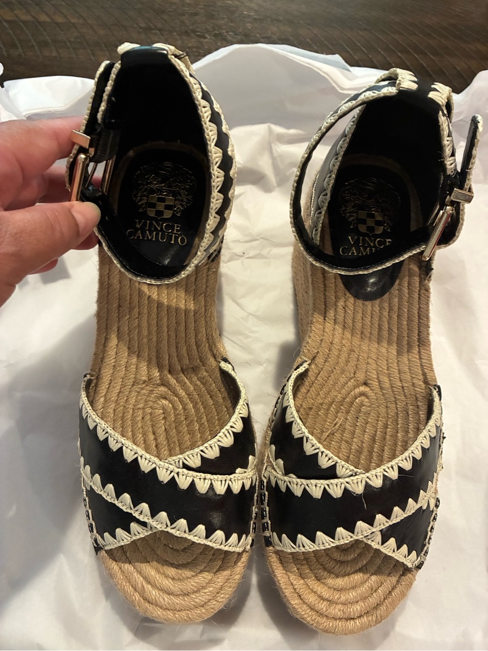 Vince Camuto Black and Natural Braided Espadrille Wedges